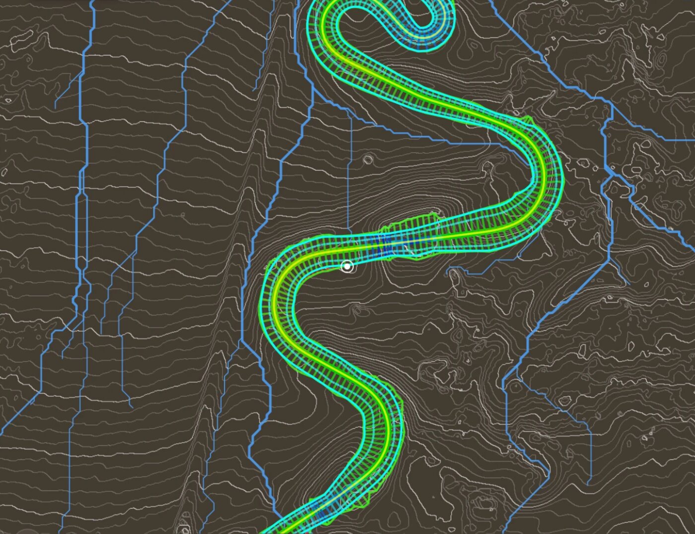 Water flow paths over LIDAR contours with the trail corridor